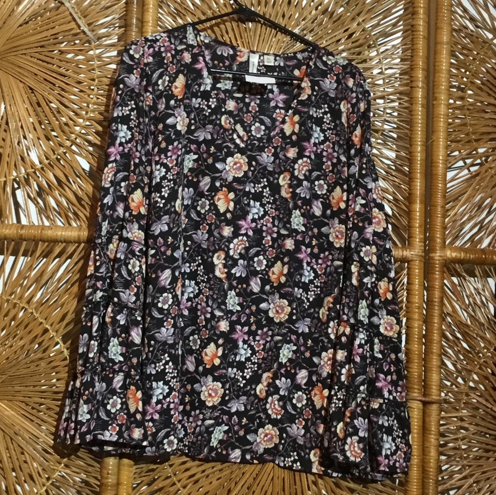 Tacera Women Blouse Black Floral XL Long Sleeve